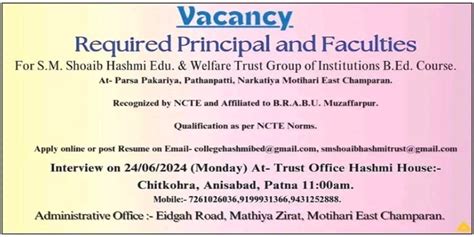 Principal Teaching Job Openings In S M Shoaib Hashmi Education