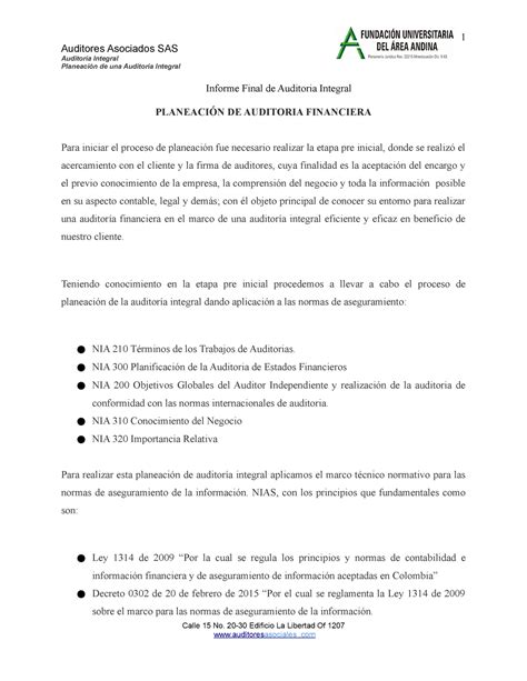 Informe Final de Auditoria Integral Auditores Asociados SAS Auditoría