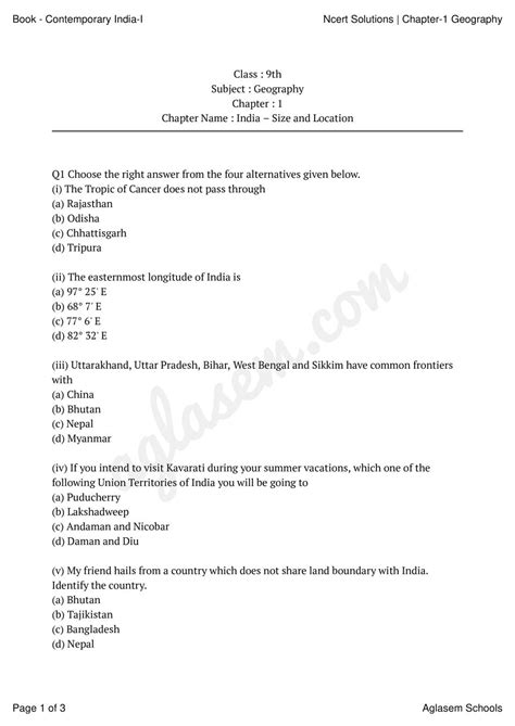 Ncert Solutions 2025 Class 9 Geography Chapter 1 India Size And Location Question Answer Pdf