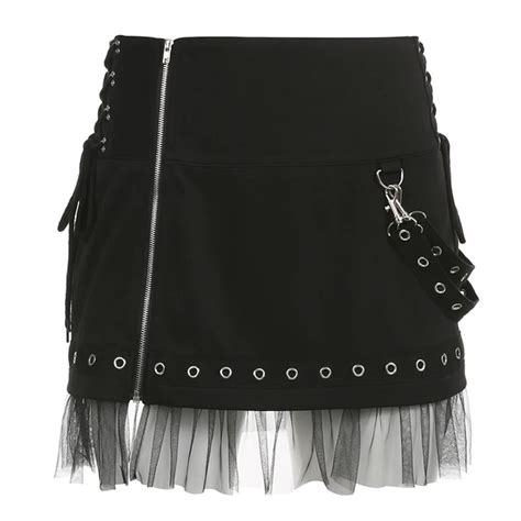 Rapcopter Y K Bandage Pleated Skirts Women Goth Black Patchwork Vintage