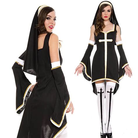 4 Pcs Sexy Nun Costume Adult Women Cosplay Dress With White Hood For