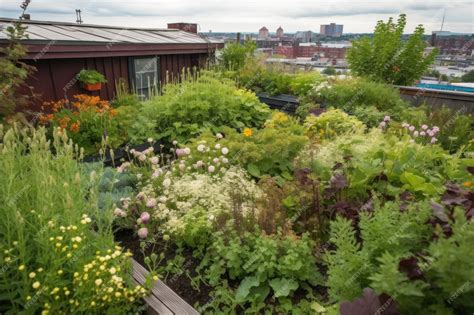 Premium Ai Image Green Rooftop Garden With A Variety Of Plants And