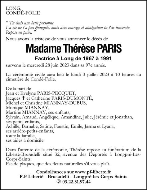 Avis De Décès De Thérèse Paris Pompes Funèbres Liberté Brusadelli