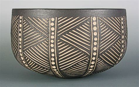 White Stoneware Bowl With Incised Black Slip Sgraffito Pottery