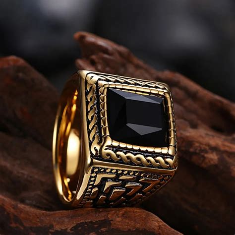 Square Black Stone Men Seal Ring Signet Gold Color Classic Wedding Band