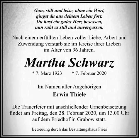 Traueranzeigen von Martha Schwarz Märkische Onlinezeitung Trauerportal