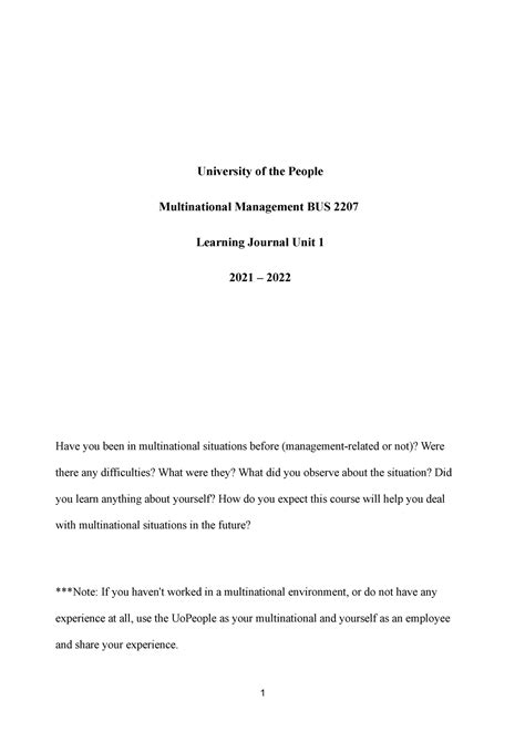 Multinational Management Bus Learning Journal Unit Have You