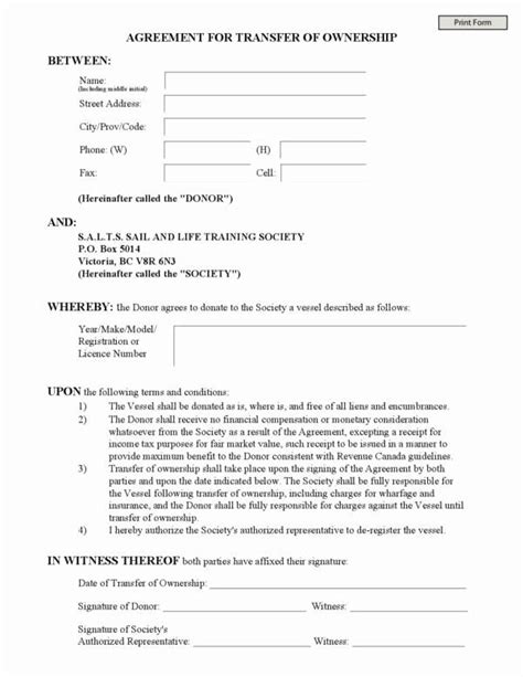 Printable Transfer Of Ownership Agreement Template