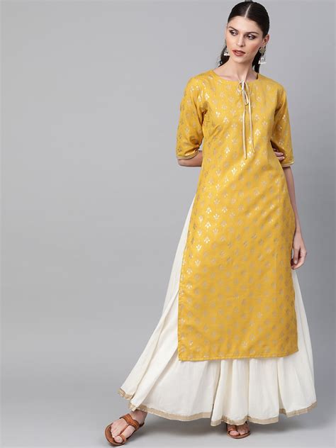 Buy Libas Women Mustard Yellow And Golden Block Printed Straight Kurta Kurtas For Women 11301450