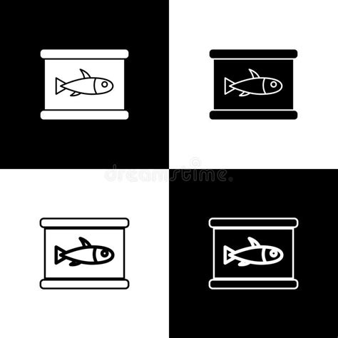 Establecer Icono De Pescado Enlatado Aislado En Fondo Blanco Y Negro