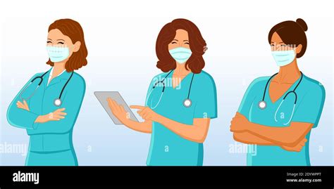 Vector Set Of Female Doctors In Medical Uniform And Medical Face Masks