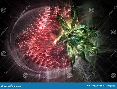 3D Illustration Kirlian Glow On Strawberries With Leaves On A Plate In