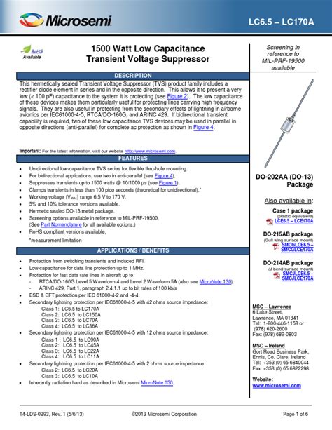 LC90A Datasheet 1500 Watt Low Capacitance Transient Voltage Suppressor