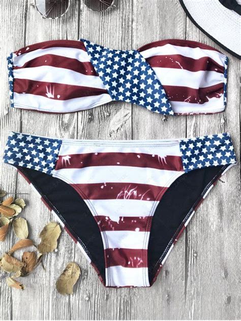 American Flag Patriotic Bandeau Bikini Set In Red And White And Blue