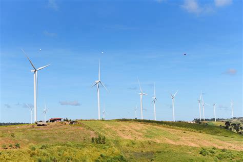 Wind Turbine Landscape Natural Energy Green Eco Power Concept At Wind Turbines Farm Blue Sky