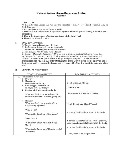 Detailed Lesson Plan In Respiratory System Pdf Respiratory Tract
