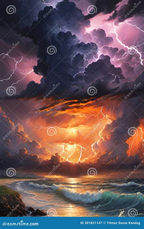 Dramatic Stormy Sky With Lightningdramatic Stormy Sky Over Ocean At