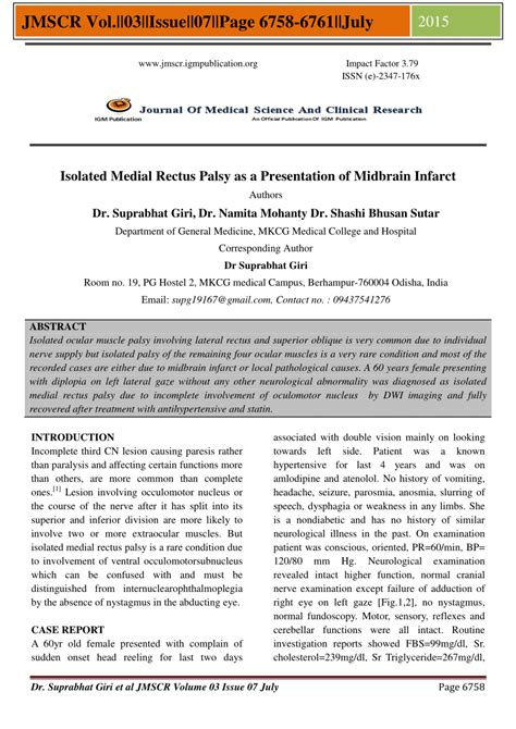 (PDF) Isolated Medial Rectus Palsy as a Presentation of Midbrain Infarct