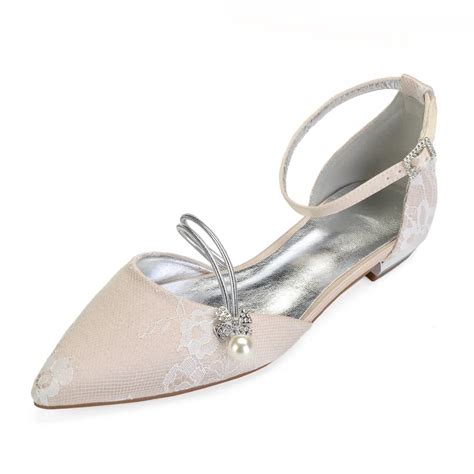 Creativesugar Elegant Pearl Crystal Strap Pointed Toe Lady Flat Lace Shoes Bridal Wedding Prom