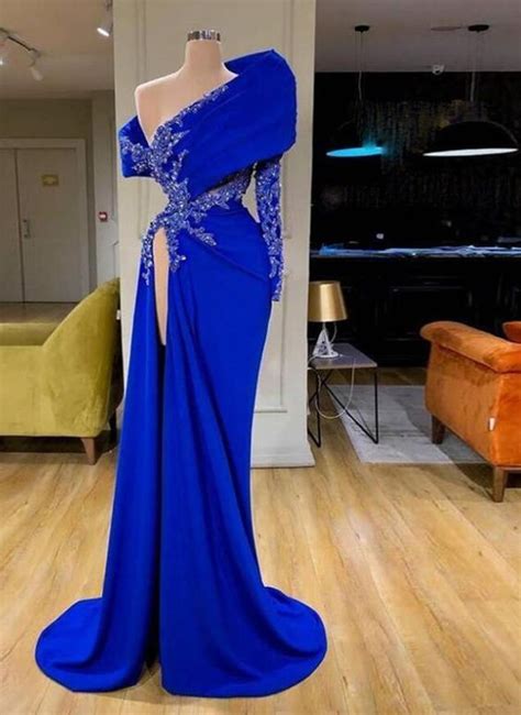 Royal Blue Mermaid Evening Dresses Stain One Shoulder Lace Beaded