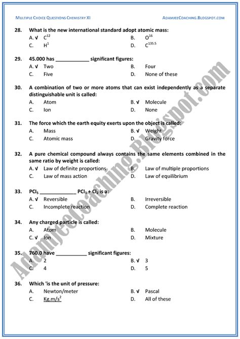 Adamjee Coaching XI Chemistry MCQs Fundamental Concepts Of Chemistry