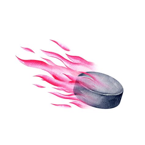 Flying hockey puck in magenta fire hand drawn watercolor sports