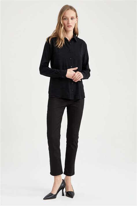 Black WOMAN Regular Fit Shirt Collar Long Sleeve Shirt 2748261 DeFacto