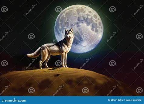 A Wolf Standing On Top Of A Hill Under A Full Moon Generative Ai Stock