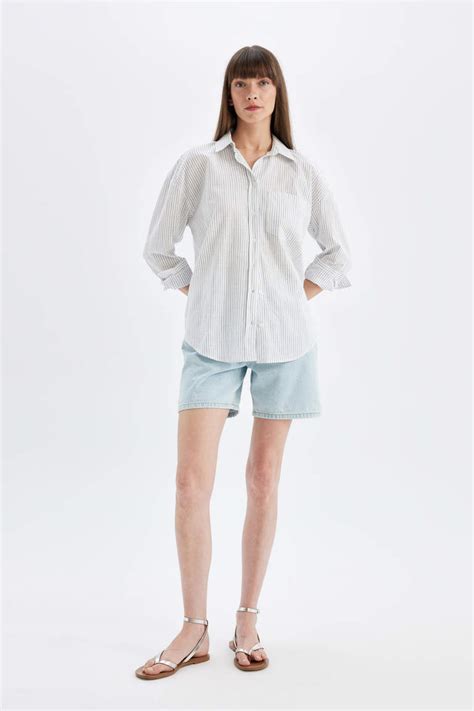 Blue Woman Oversize Fit Linen Look Long Sleeve Shirt Defacto