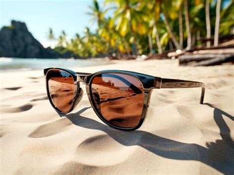 Gafas De Sol En Una Playa De Arena Con El Reflejo De Palmeras Que