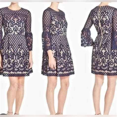 Eliza J Dresses Eliza J Bell Sleeve Lace Fit Flare Dress Navy Blue