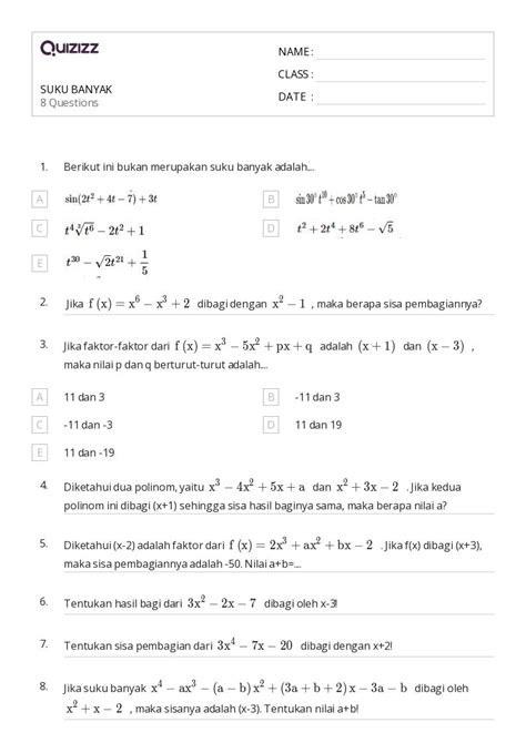 Lembar Kerja Pembagian Dengan Sisa Untuk Kelas Di Quizizz