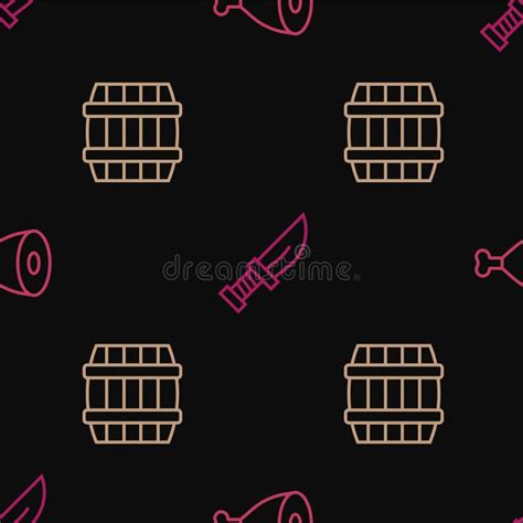 Set Line Chicken Leg Wooden Barrel And Dagger On Seamless Pattern