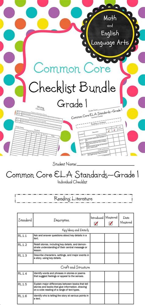 Common Core Checklist Bundle Math And Ela Grade 1 Common Core Checklist Common Core