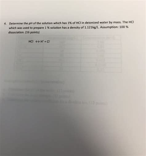 Oneclass Determine The Ph Of The Solution Which Has 1 Of Hcl In Deionized Water By Mass The