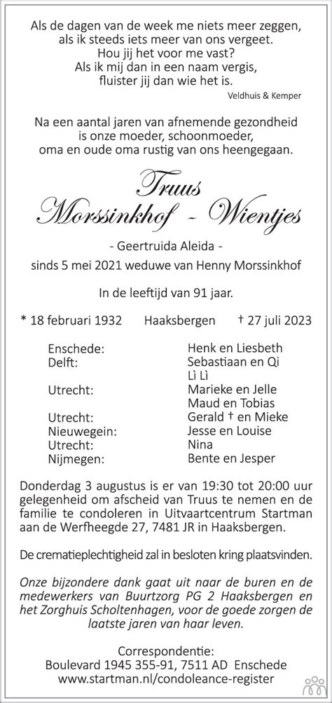 Truus Geertruida Aleida Morssinkhof Wientjes 27 07 2023