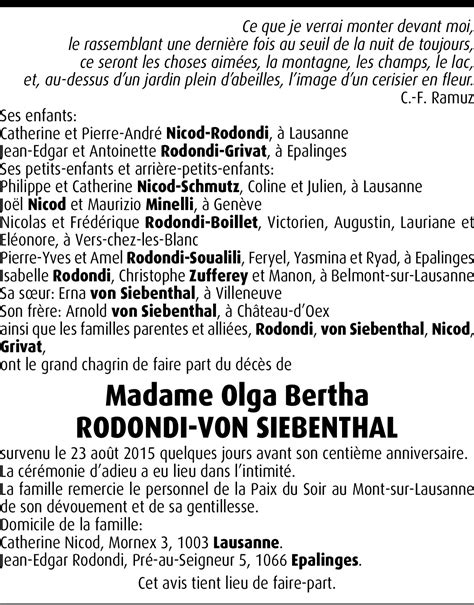 Olga Bertha Rodondi Von Siebenthal Hommages