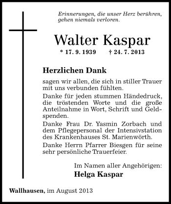 Traueranzeigen Von Walter Kaspar Rz Trauer De