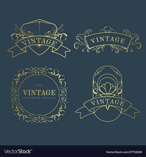 Set Vintage Golden Art Nouveau Badges On Blue Vector Image