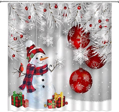 Christmas Snowman Shower Curtain Cute Snowman Red Xmas Ball Pine Twig