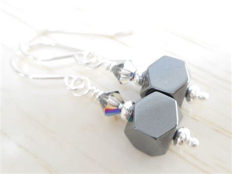 Hematite Cube Earrings Silver And Gray Stone Beaded Drop Etsy