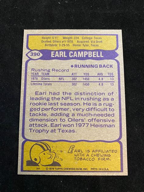 Lot - (Mint) 1979 Topps Football Earl Campbell Rookie Card #390 - HOF