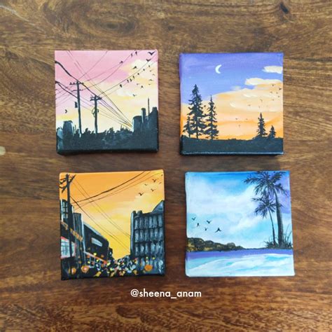 Small Painting Tiny Canvas Mini Canvas Pastel Sky Painting Desk Decor Purple Sunset Painting