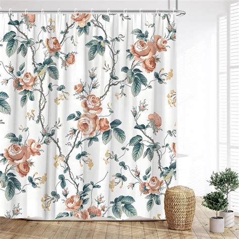 Watercolor Floral Shower Curtain Greenery Spring Butterfly Farm Leaves