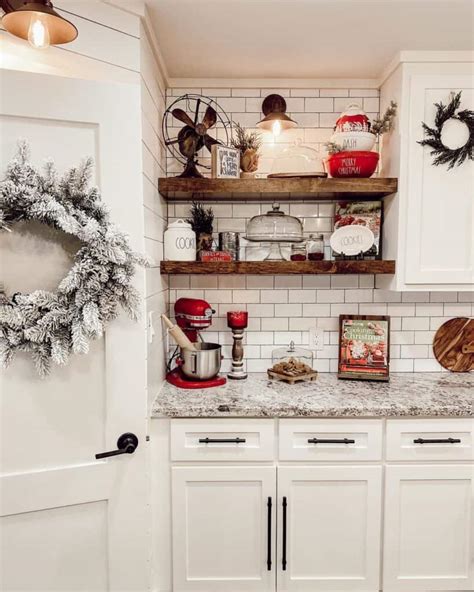 Floating Shelves Over White Subway Tile Backsplash Soul And Lane