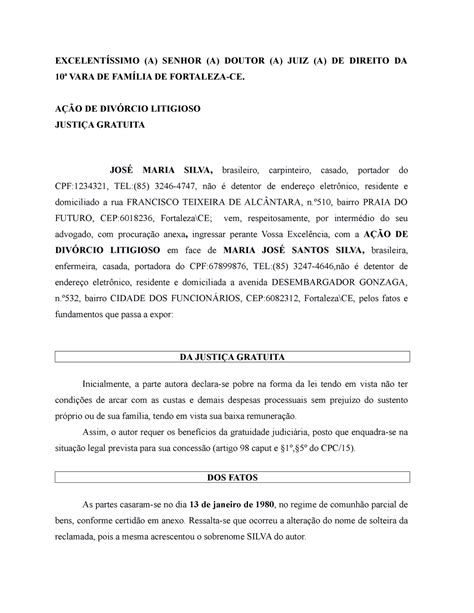 Modelo De A O De Div Rcio Litigioso Pdf Div Rcio Off