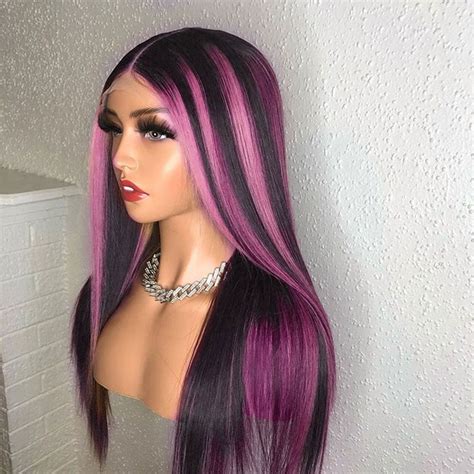 Black Hair Wig With Pink Highlight Stripes 100 Real Human Hair Wig Colored Wigs Black Hair