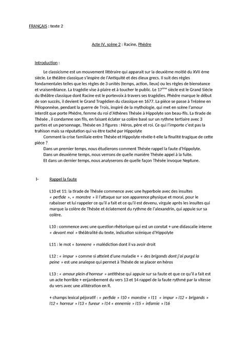 Texte 2 phèdre analyse linéaire FRANÇAIS texte 2 Acte IV scène 2