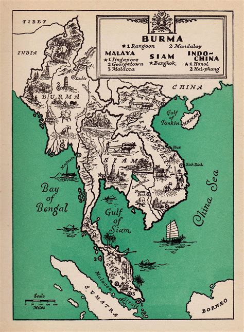 Vintage Animated Burma Thailand Map Print Siam Indochina Etsy