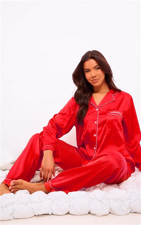 Plt Red Contrast Piping Satin Long Pj Set Lingerie And Nightwear